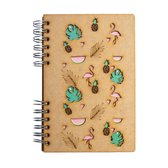 KOMONI - Duurzaam houten Notitieboek - Dagboek -  Gerecycled papier - Navulbaar -  A5 - Gelinieerd -  Tropische Flamingo