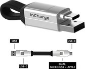 inCharge 6 Korte oplaadkabel  voor o.a. iPhone Lightning kabel usb c - 6 in één all you need - Kabel voor iPhone, Samsung, Huawei - Zilver