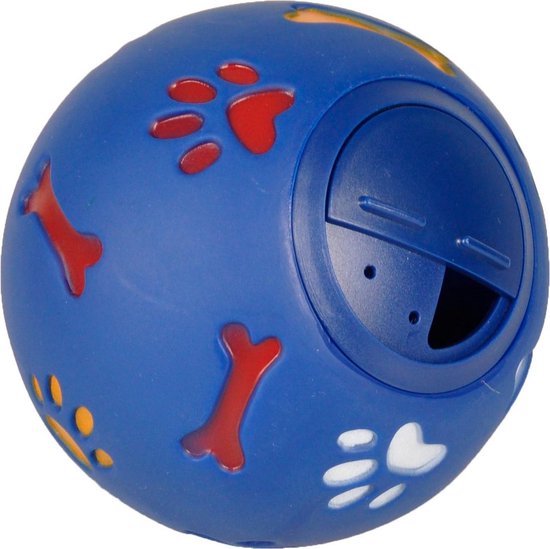 Blauwe traktatiebal met rode botten, rode en gele pootafdrukken, verstelbare opening.