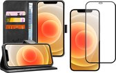 Hoesje geschikt voor iPhone 12 Pro Max - Zwart Book Cover Leer Wallet + Screenprotector Glas FullGuard