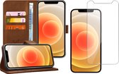 Hoesje geschikt voor iPhone 12 Pro Max - Screen Protector GlassGuard - Book Case Leer Pasjeshouder Bruin & Screenprotector