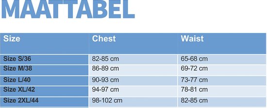 Maattabel met maten S/36 tot 2XL/44, inclusief borst- en tailiematen in cm.