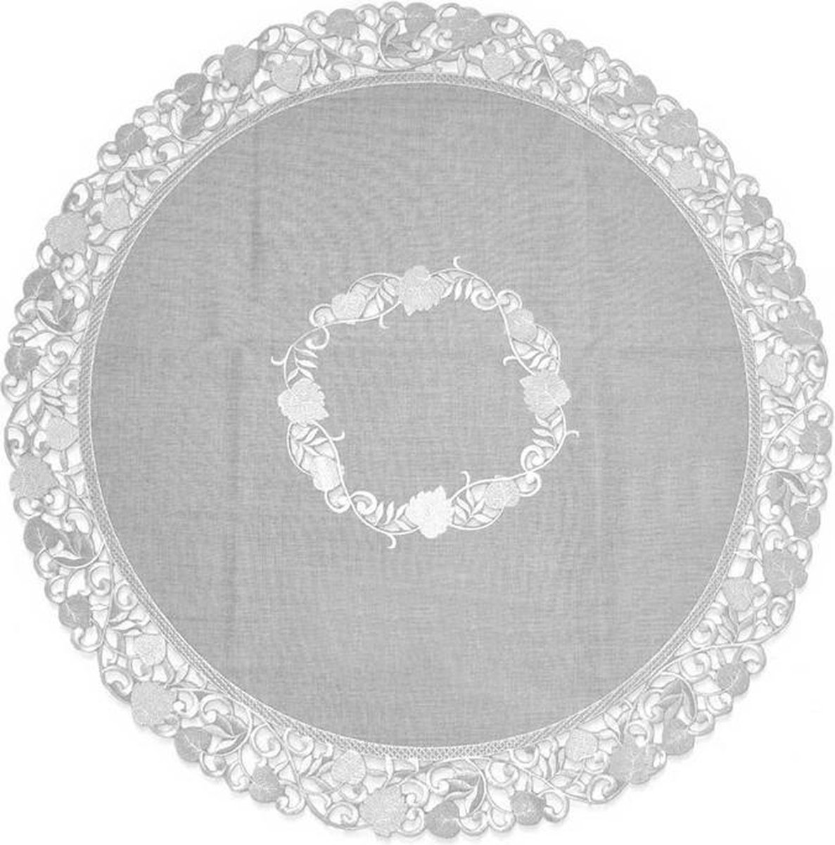 Tafelkleed Linnen licht Grijs met blaadjes - Rond 85 cm