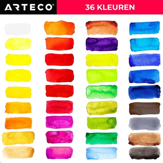 ARTECO® 36 Kleuren Aquarelverf Set – Inclusief 3 Water Brush Pennen en Aquarelpapier - Waterverf - Cadeau