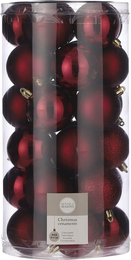 House of Seasons Kerstballen Set Onbreekbaar - 30 Stuks - Ø6 cm - Donkerrood