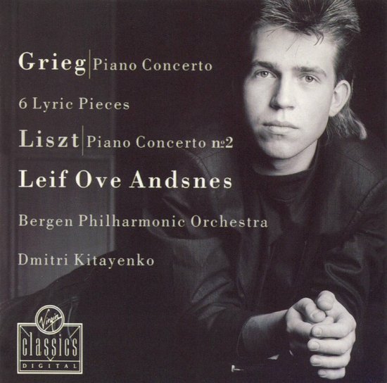 Portret van Leif Ove Andsnes met tekst van Grieg Pianoconcert, 6 Lyrische Stukken, Liszt Pianoconcert nr. 2.
