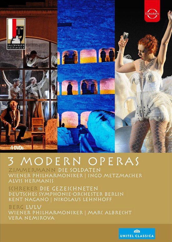 DVD-hoes met de tekst '3 MODERN OPERAS' en afbeeldingen van scènes uit opera's. Een vrouw in een wit kostuum met veren staat vooraan.