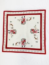 Kerst-tafelkleed Linnenlook Creme - Rode rand met Kerstman en Hert - Vierkant 85 cm