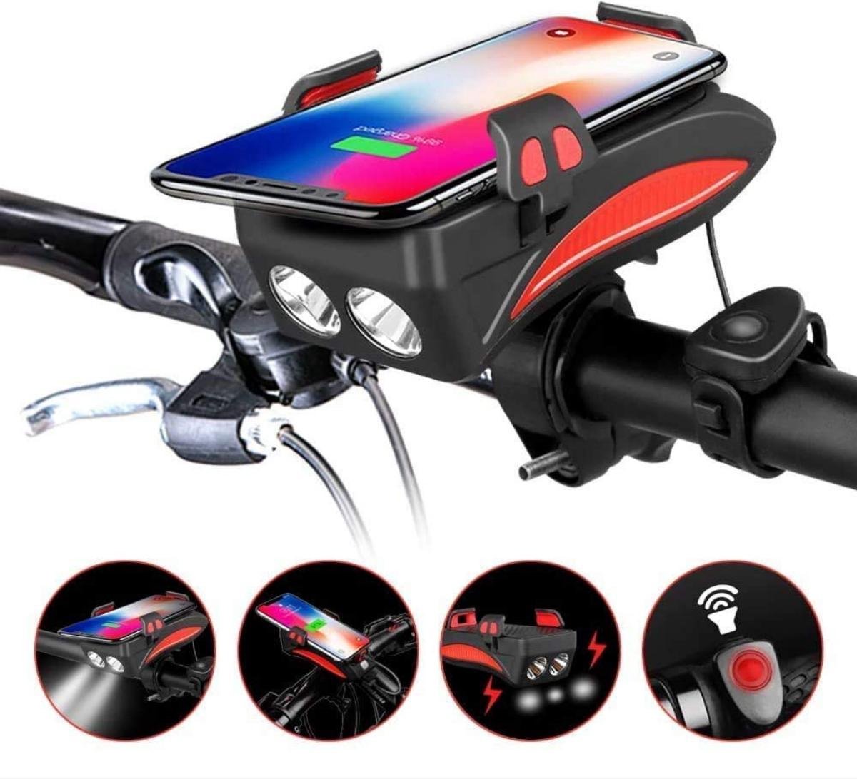 4 in 1 Fietsverlichting USB oplaadbaar - Telefoonhouder fiets - Powerbank - Fietslamp - Fietsbel - 3