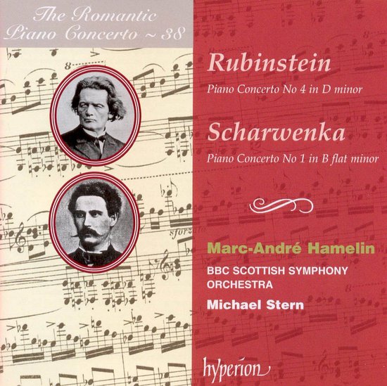CD-hoes met twee portretten van componisten en bladmuziek voor pianoconcerten van Rubinstein en Scharwenka.