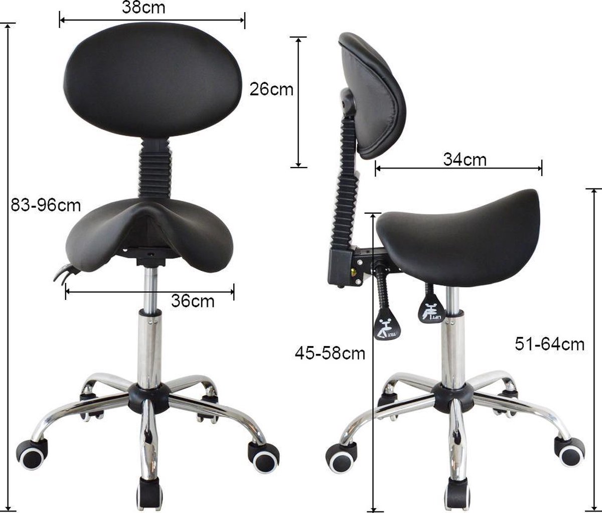 EWS Ergonomische Zadelkruk met Rugleuning en Verstelbare - afbeelding 3