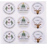 Kerst stickers / envelop zegels - Wit - Zwart - Groen - Bruin | Sneeuwpop - Hert - Merry Christmas - Happy Holidays | 36 etiketten - labels - sluitzegels