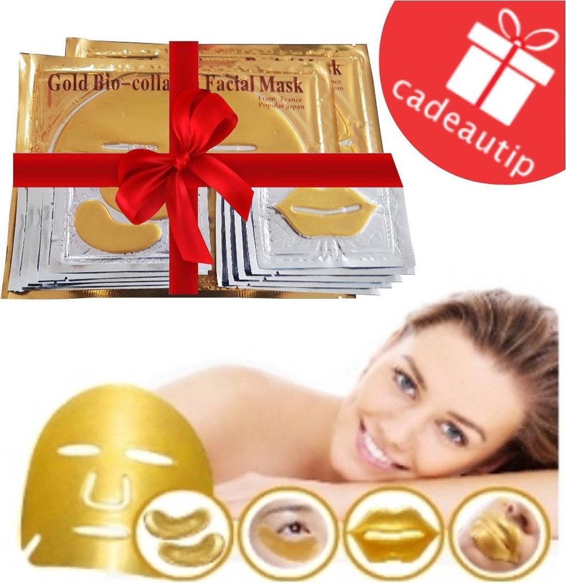 24K Gold Collagen maskers (12 stuks) -Beauty luxe Cadeau Set- 2x GezichtsMasker- 5x OogMaskers - 5x LipMasker / anti aging / Huidverzorging / wallen en donkere kringen weg / vollere lippen