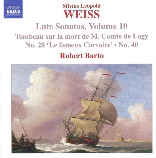 Boekomslag: "Silvius Leopold Weiss Lute Sonatas, Volume 10" met schilderij van een zeilschip op zee.