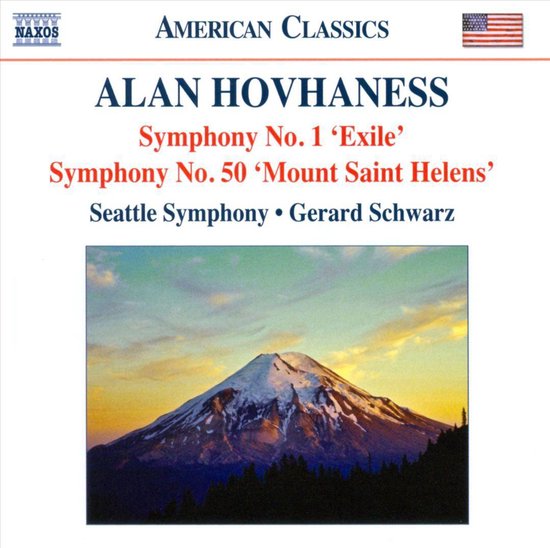 Bergtop met sneeuw, met wolken en een zonsondergang, tekst "AMERICAN CLASSICS ALAN HOVHANESS Symphony No. 1 'Exile' Symphony No. 50 'Mount Saint Helens' Seattle Symphony Gerard Schwarz".