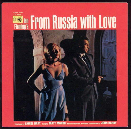 James Bond "From Russia with Love" soundtrackcover met Sean Connery en een blonde vrouw in blauwe jurk.