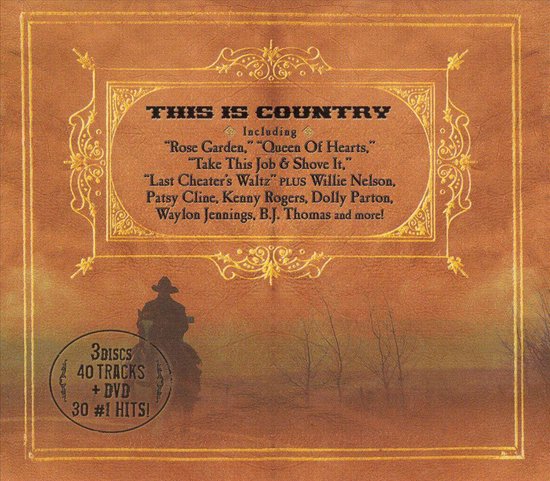 Albumcover met de titel 'This Is Country', inclusief liedjes zoals 'Rose Garden' en artiesten zoals Dolly Parton. Een cowboy op een paard silhouet op de voorgrond.