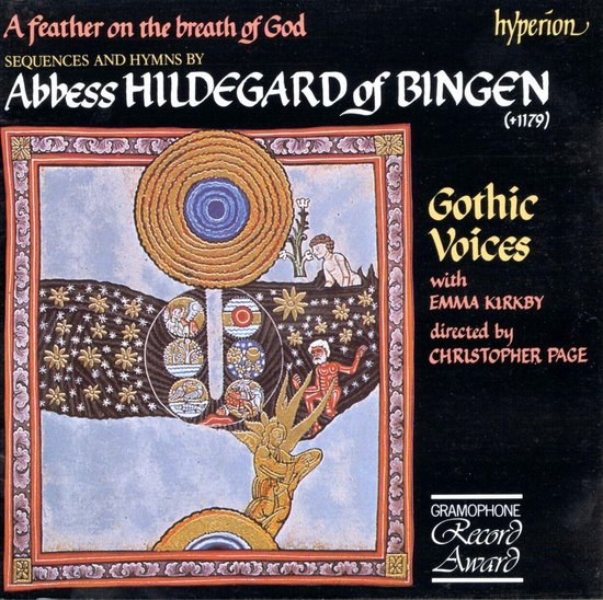 CD-hoes met een middeleeuwse illustratie van "A Feather on the breath of God" met tekst. Gothic Voices, Emma Kirkby.