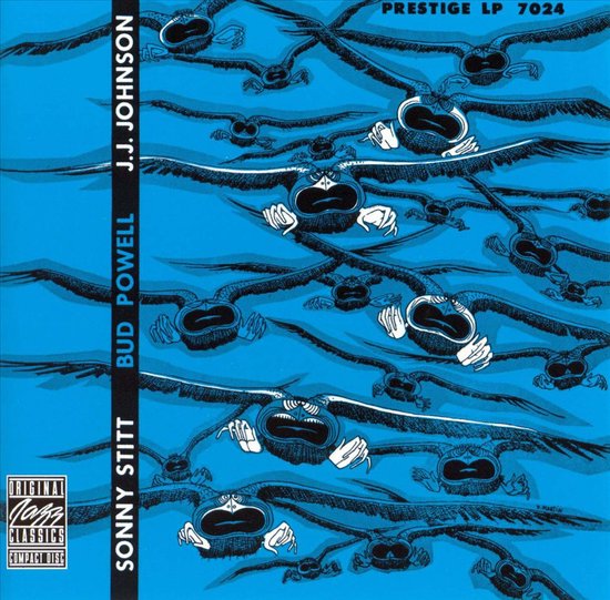 Platenhoes met "PRESTIGE LP 7024", "SONNY STITT BUD POWELL J.J. JOHNSON" en tekeningen van vliegende vogels in blauw en zwart.