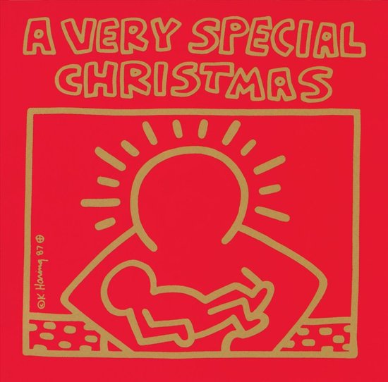 Rode achtergrond met gouden tekst 'A VERY SPECIAL CHRISTMAS' en een afbeelding van Keith Haring van een persoon die een baby vasthoudt.