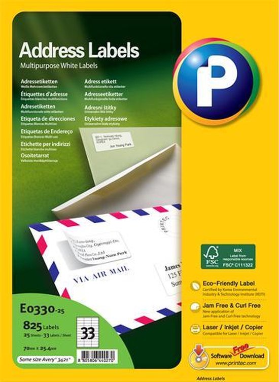Printec Adresetiketten - 25 vel - 70x25.4mm - 33 labels per A4 - 825 stickers per doos