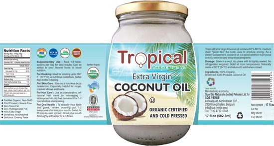 kogel Duiker Iedereen Tropical Extra Virgin Kokosolie 100% Biologisch en Koudgeperst - Premium  Quality -... | bol.com