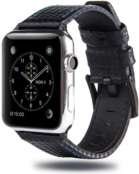 Leren bandje - Apple Watch 38mm 40mm 41mm - zwart/blauw - klassieke gesp
