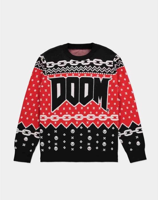 Doom - Knitted Kersttrui - S - Rood/Zwart