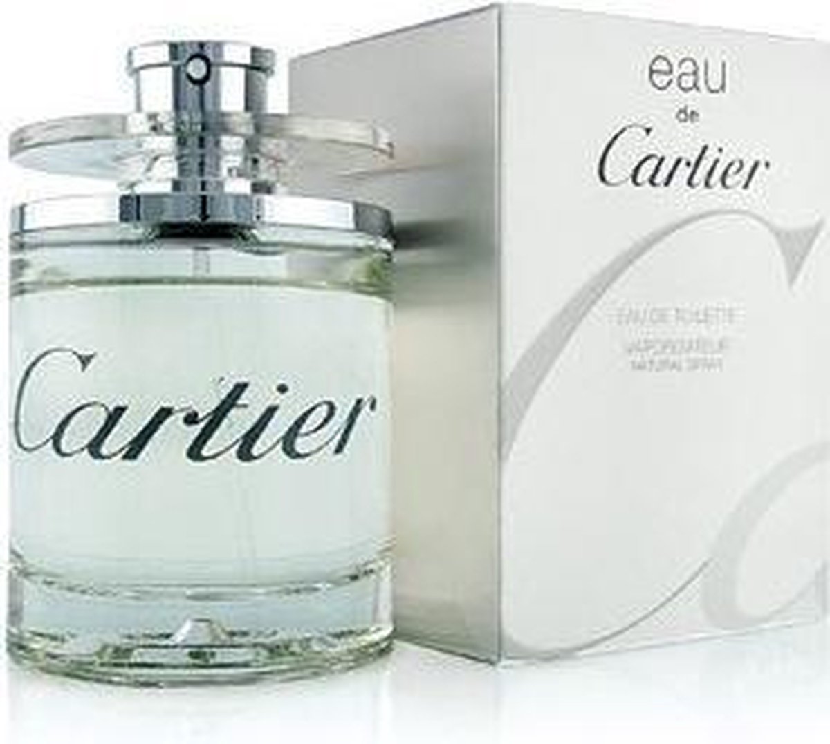 Transparante parfumfles met "Cartier" in sierlijk, grijze letters.