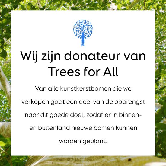 Informatiekaart over onze donatie aan Trees for All voor het planten van bomen bij verkoop van kunstkerstbomen.