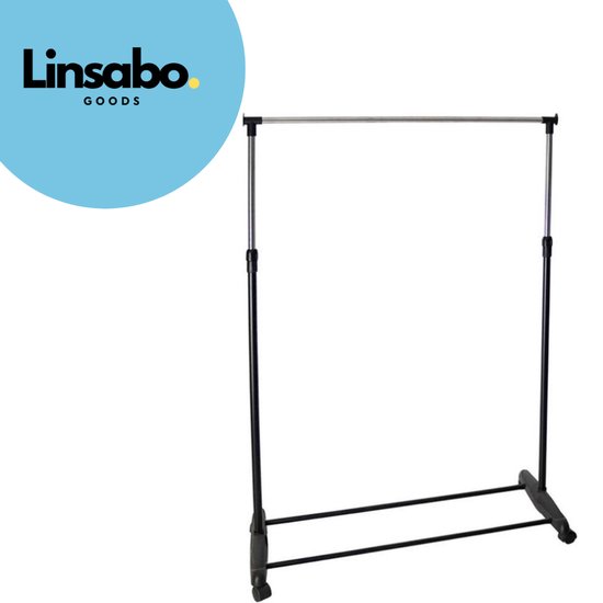 Foto: Linsabo goods verrijdbaar kledingrek enkele stang verstelbaar 81 x 42 x 90 160 cm met haken en wielen mobiel en praktisch kledingrek zwart zilver