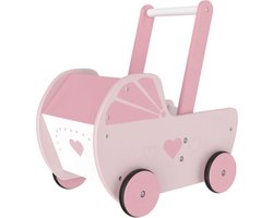 foto van Playtive Poppenwagen - Houten Kinderwagen - Speelpop Kinderbed - Kinderspeelgoed meisjes - Poppen - Roze