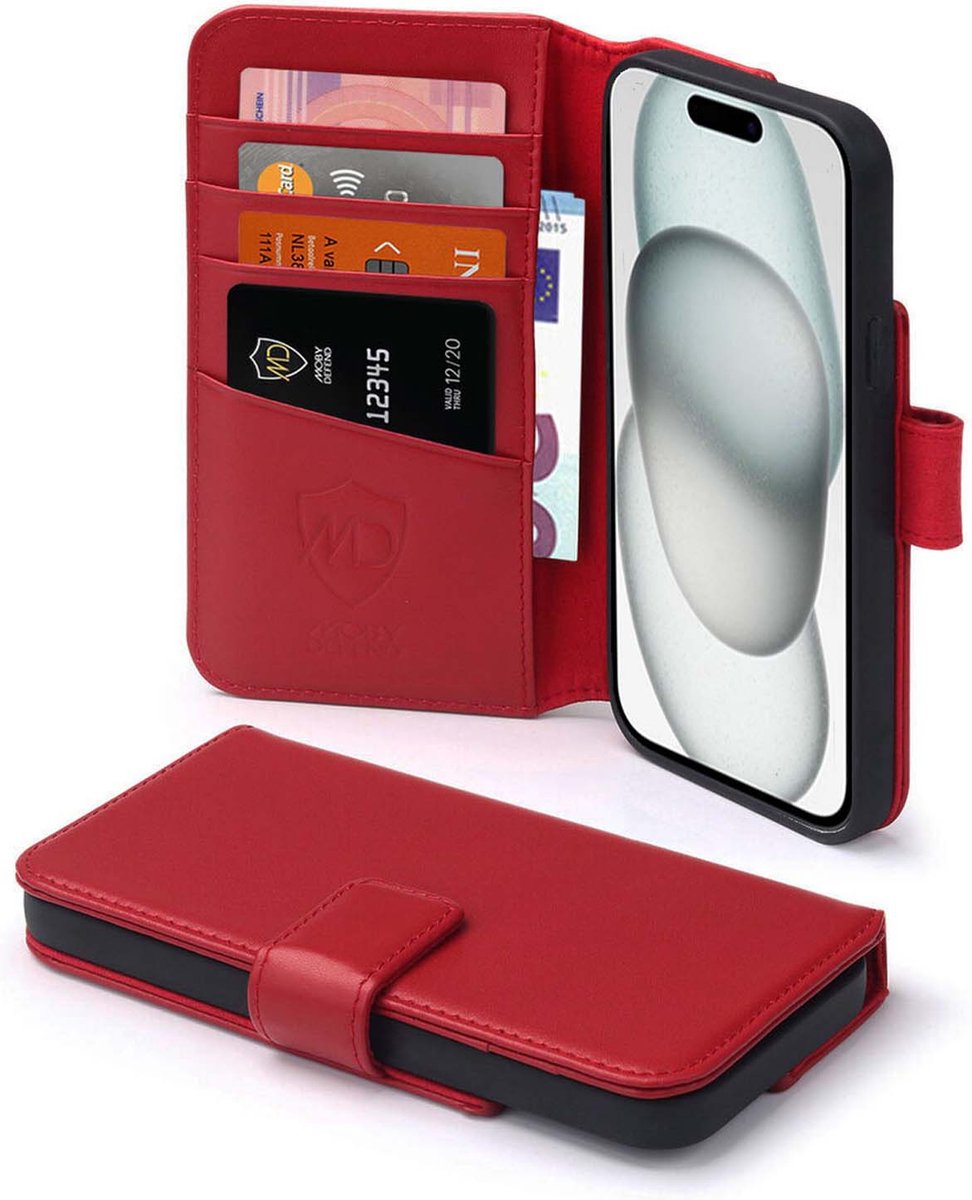 MobyDefend Hoesje - Geschikt voor iPhone 15 - Luxe Leren Wallet Bookcase - Rood