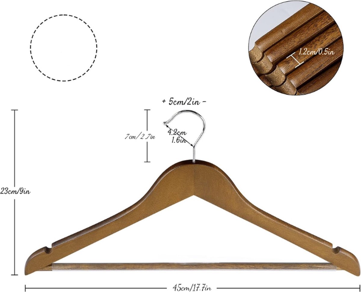 Set Van 12 Walnootbruine Houten Hangers Met Broekstang En Schouderinkepingen – Ideaal Voor Pakken - Broeken En Blouses