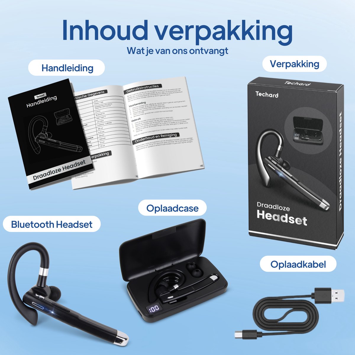 Techard Draadloze Headset Met Microfoon Bluetooth Headset Draadloos Met Noise Canceling Handsfree Bellen Met Bluetooth 5.3 - 2026 Model thumbnail 8