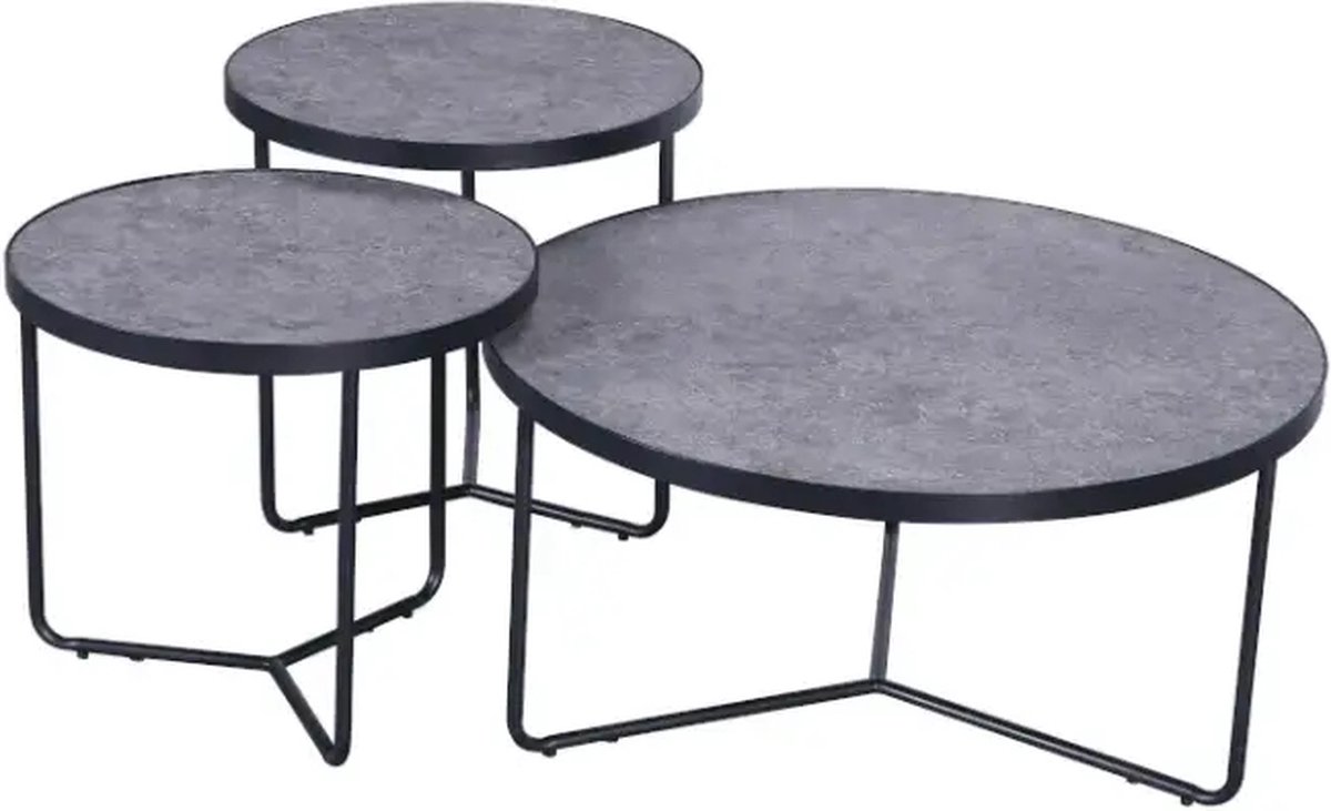 salontafel ronda- 3 delig set- bijzettafels- grijs/zwart
