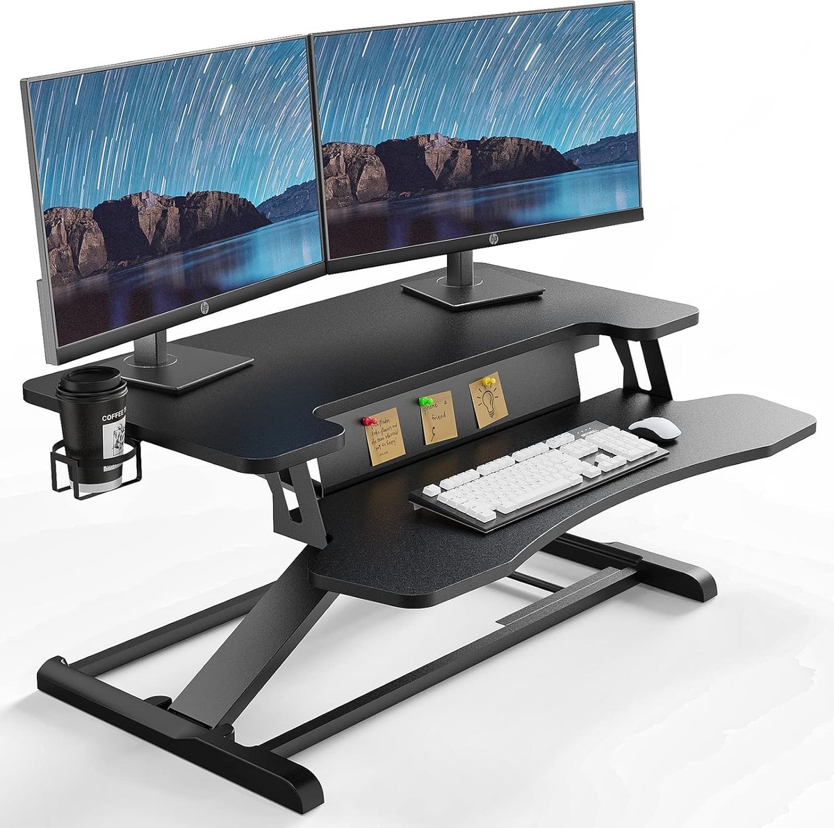 JGS® - Verstelbare Zit-Sta Bureau Converter, 80cm, Zwart met Toetsenbord Lade en Ingebouwde Bekerhouder-
