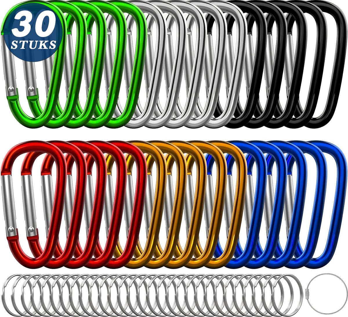 30-Delig 50mm Multikleur Karabijnhaken Set met 30 Sleutelringen Sleutelhangers - Musketonhaak voor Volwassenen - D Carabiners - Karabijn haak Keychain - Klein Karabijnsluitingen en ringetjes - DIY Hobby Musketon Sluiting - Mini Karabiners