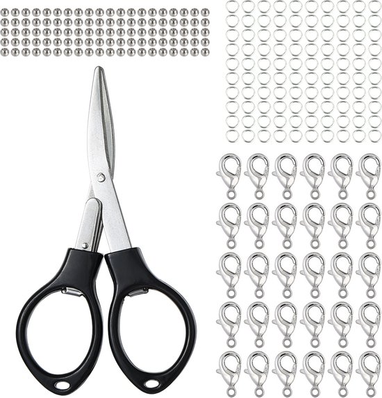 Kit de fabrication de bijoux avec ciseaux pliants, perles, anneaux de saut et fermoirs mousquetons