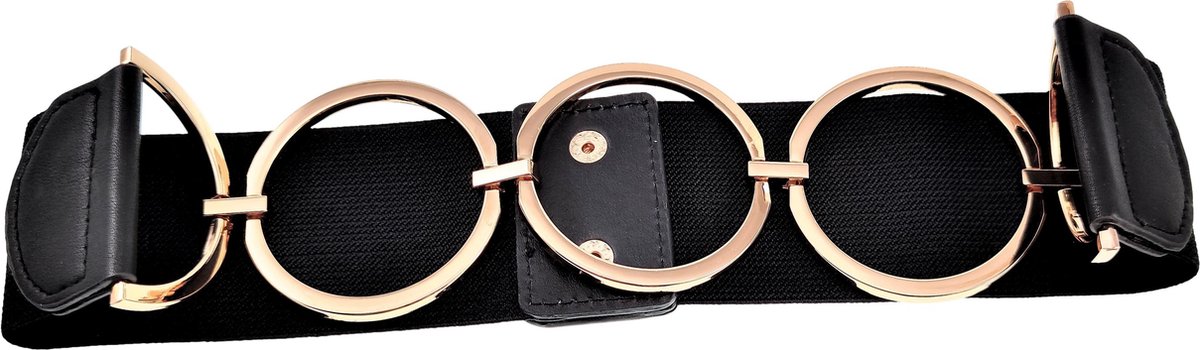 70cm tot 80cm Brede Riem Dames - Zwarte Elastische Riem - Stretchriem met Roségoudkleur Ronde Metalen Elementen