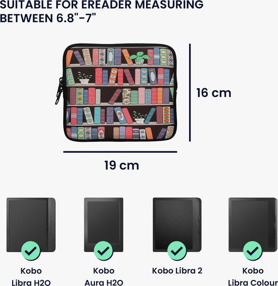 kwmobile Universele Cover voor eReader - Neopreen hoesje Zomerse bibliotheek design blauw / groen / roze van kwmobile — afbeelding 5