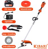 Kibani Accu Bosmaaier - Incl. 21V Accu en Oplader - Elektrische Bosmaaier - met 15CM Onkruidborstel - met Maaidraad, Zaagblad en Draadkop - Grastrimmer - Kantenmaaier