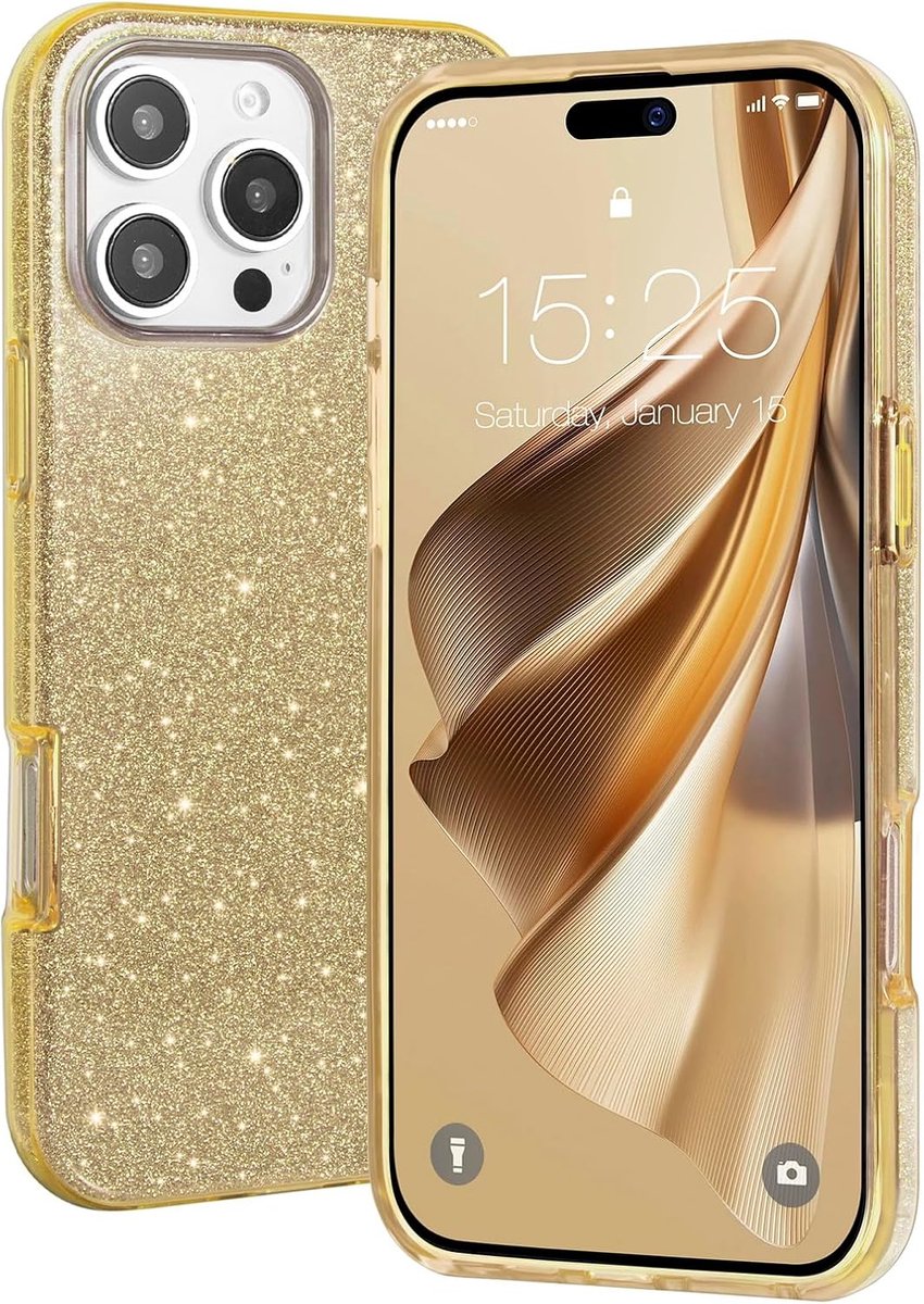 Casemania Hoesje Geschikt voor Apple iPhone 16 Pro - Goud - Glitter Back Cover
