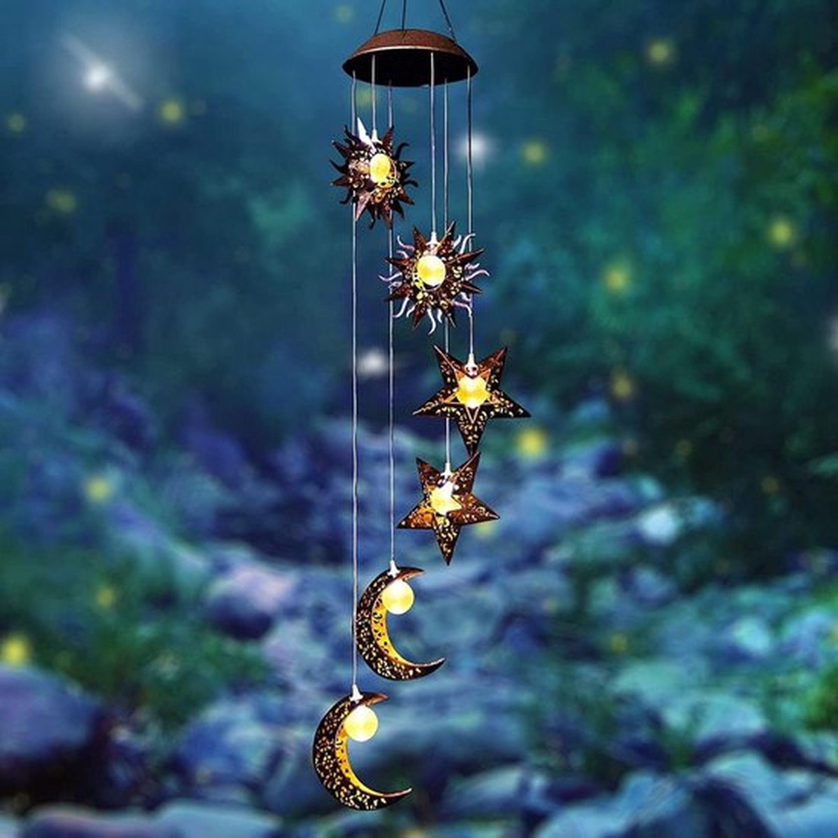 PolkaHome Zonne-energie windgong met zon-maan-ster lantaarns en warme led verlichting voor buiten waterdicht en hangend tuindecoratie en geschenken