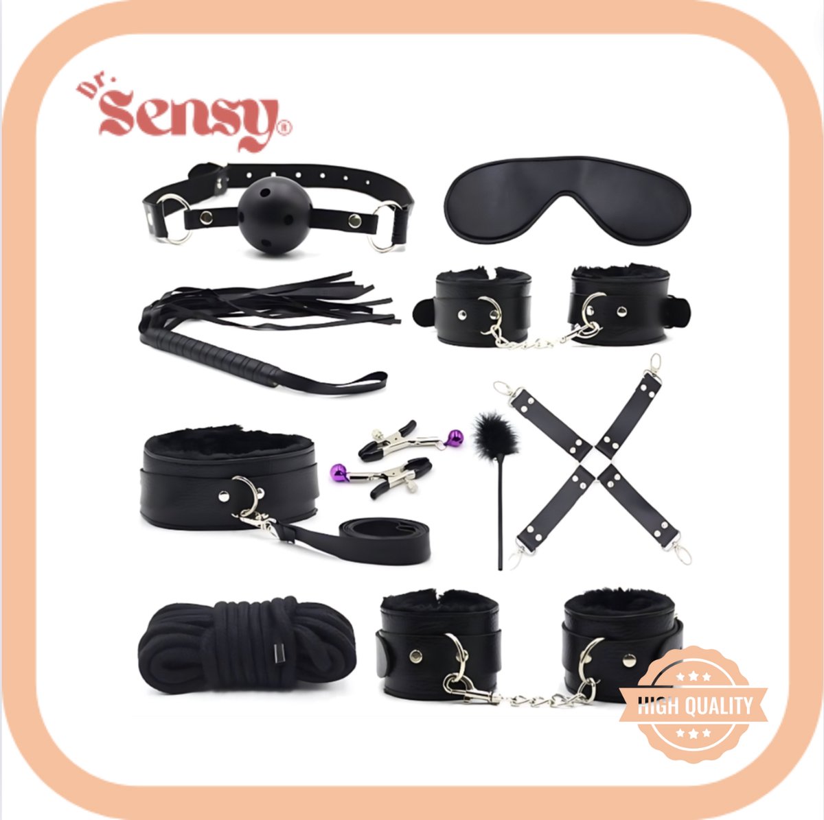 Goedkoopste Dr. Sensy Bondage Set BDSM - Zwart - 10 Delig - SM - Rollenspel - Pluche Handboeien - Lederen Zweep - Gag Bal - Magic Wand - Tepelklemmen - Bondage Katoen Touw