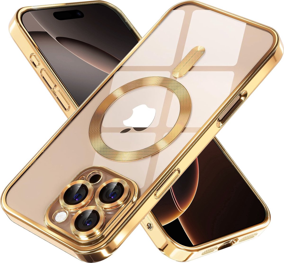 Hoesje Geschikt voor iPhone 16 Pro Magsafe hoes - Lens beschermer – backcover – Transparant/Goud