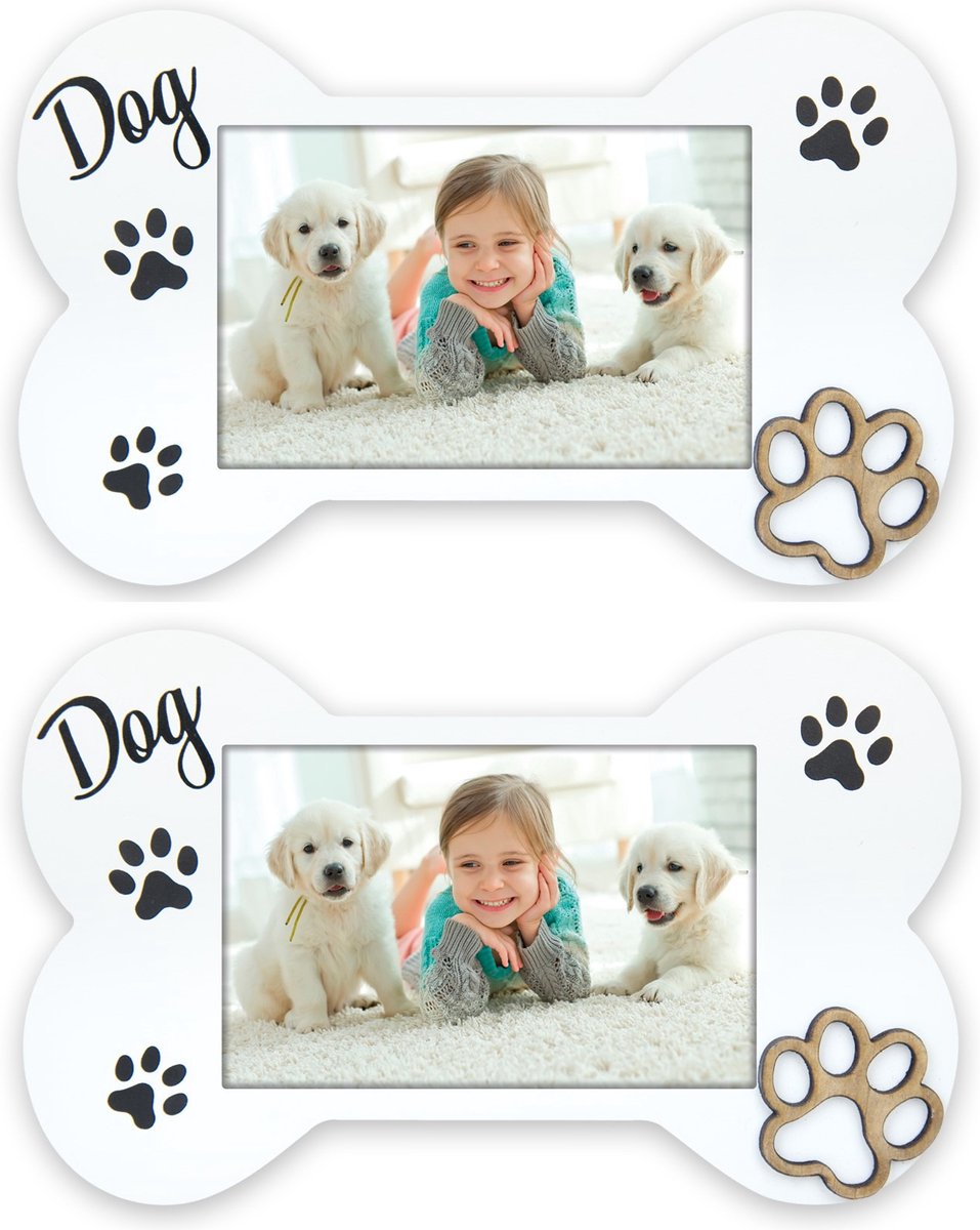 Zep Fotolijstje hond thema - 2x stuks - 20 x 25 x 3 cm - geschikt voor een foto van 10 x 15 cm - Hout Wit