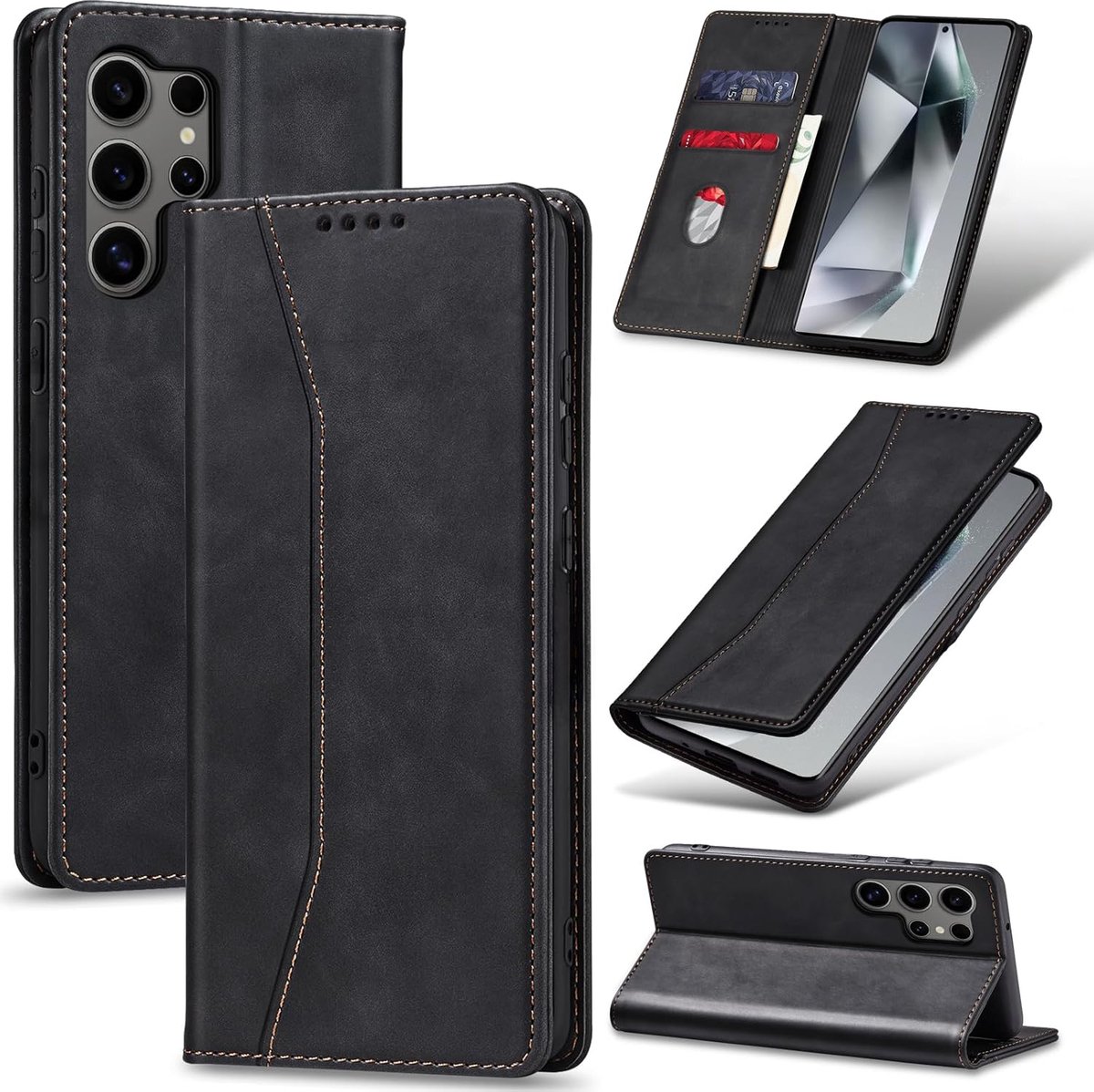Hoesje met Pasjeshouder Geschikt voor Samsung Galaxy S24 Ultra Zwart Telefoonhoesje - Anti-Shock Bookcase Cover met 1x Screenprotector - Wallet Case