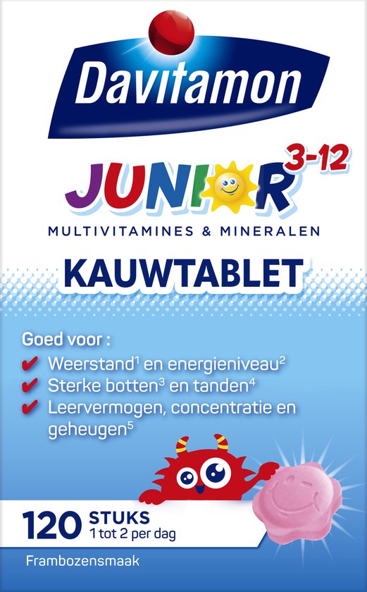 Foto: Davitamon junior 3 kauwvitamines multivitamine kinderen framboos 120 stuks