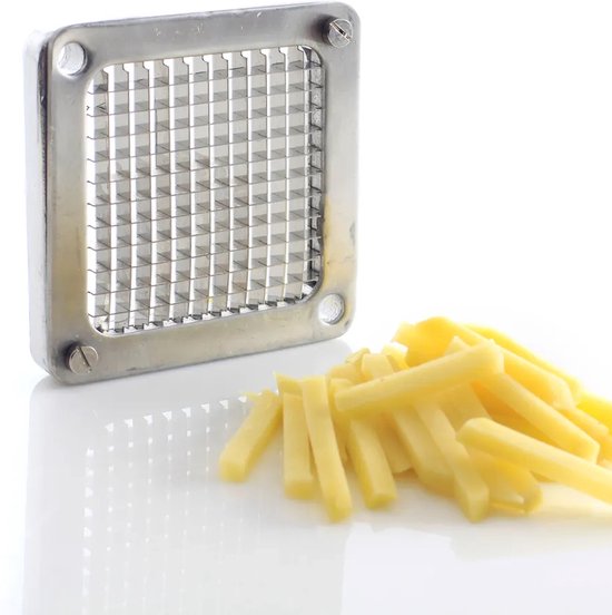 RVS fritessnijder met vierkant raster en hoopje gesneden frietjes ernaast.